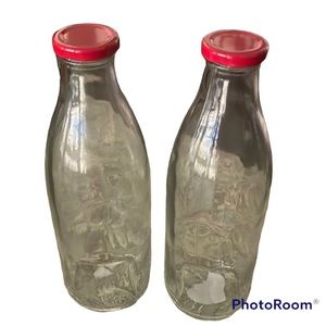Milk Bottles 2 Red Cap Twist Off Glass 10 In Crafting Party Decor Holiday Candy
